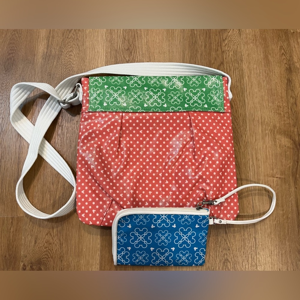 Disney Parks Pink/Green Polka Dot Purse and Blue/Pink Wristlet Set